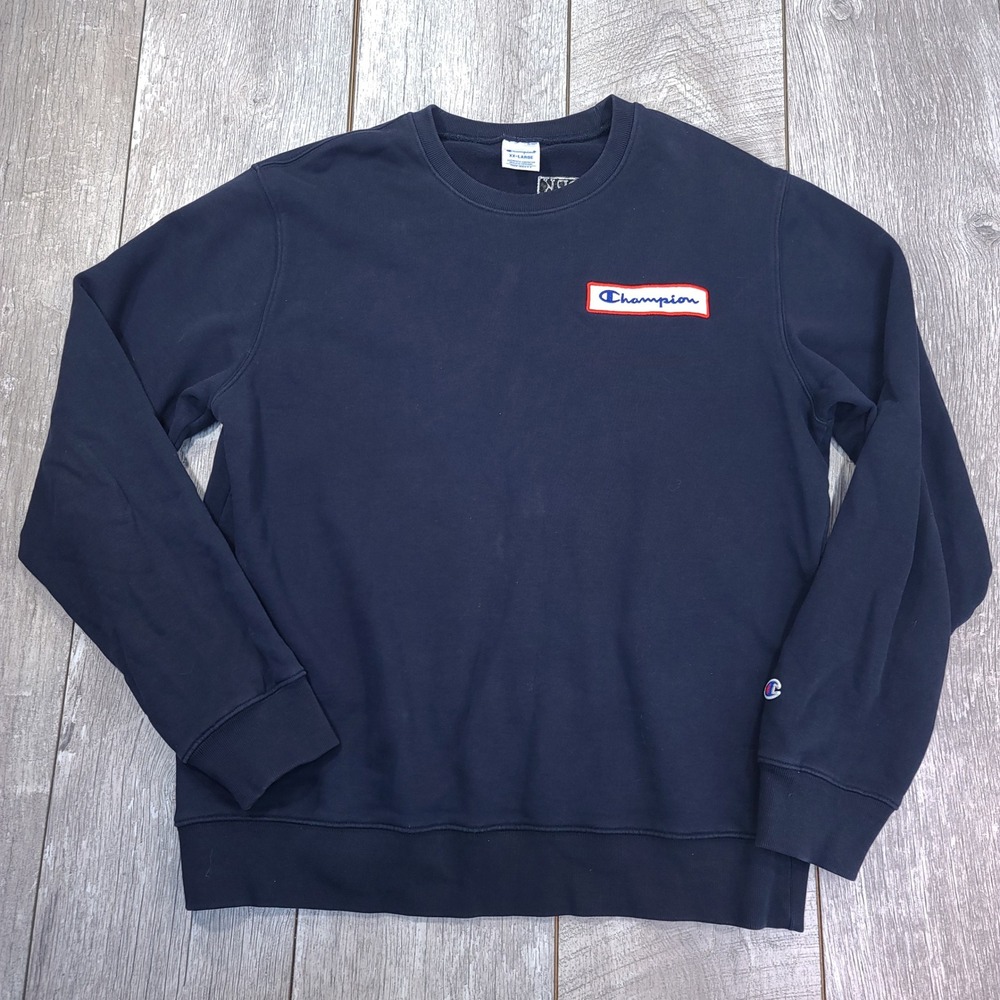 Champion Sweatshirt Mens XXL Navy Blue Patch Graphic Crewneck Pullover